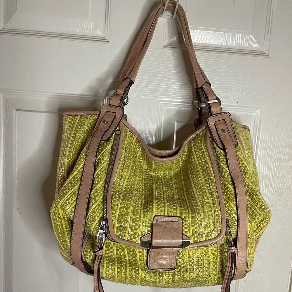 KOOBA Green fabric & raffia weave with tan leather straps & trims shoulder bag